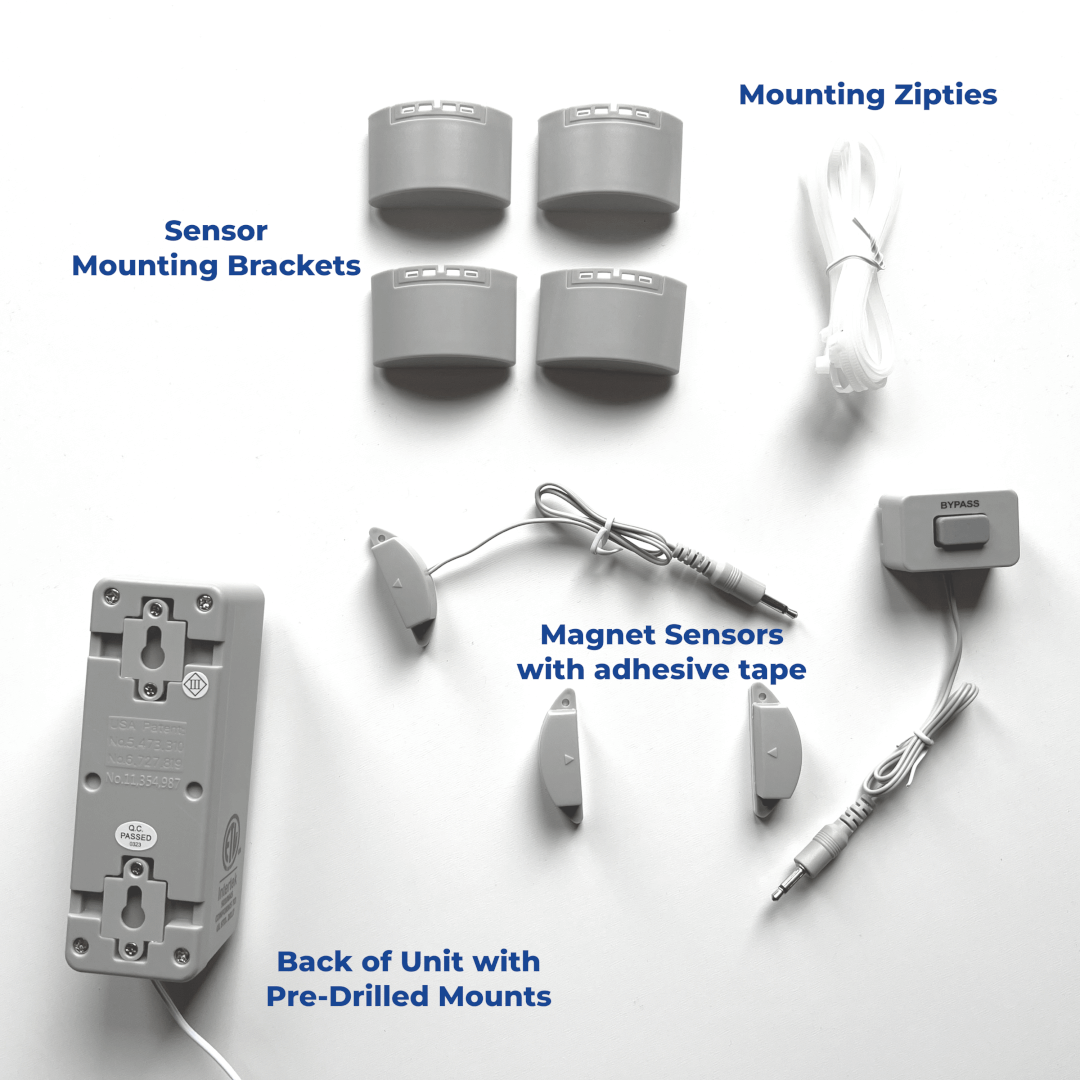 Techko Safe Pool Alarm | S187D Entry Alarm Components including sensor mounting backets, zipties, magnet sensors with tape