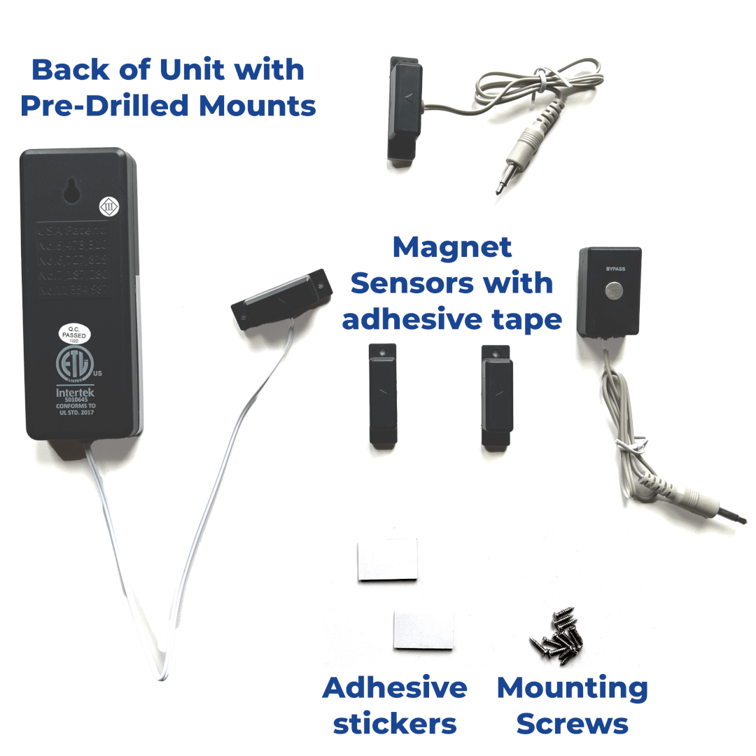 Entry Alarm Components Entry Alarm Components including Magnet Sensors, Adhesive Tape-Stickers, and Mounting Screws