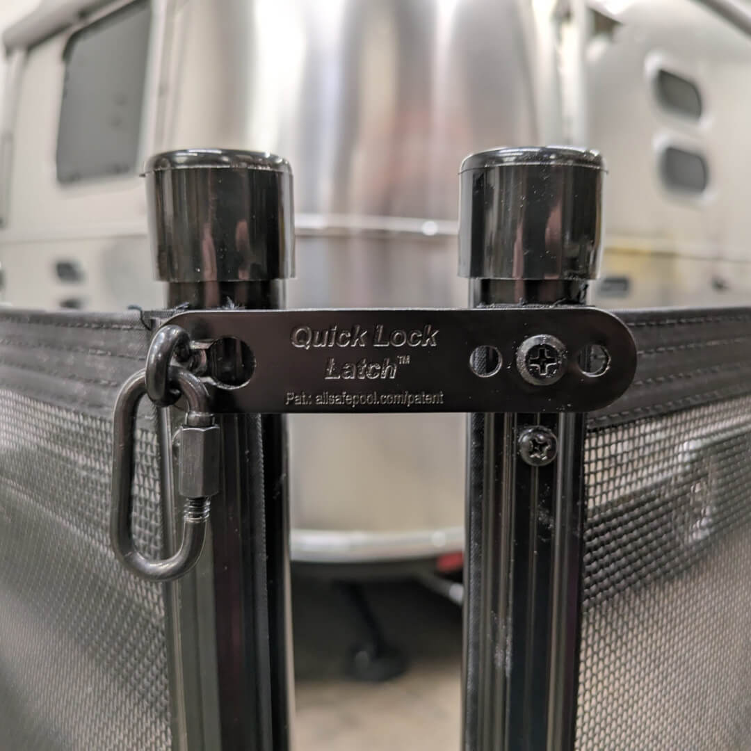 Quick Lock Latch Kit installed on Black fence corner Quick Lock Latch Kit installed on Black fence corner