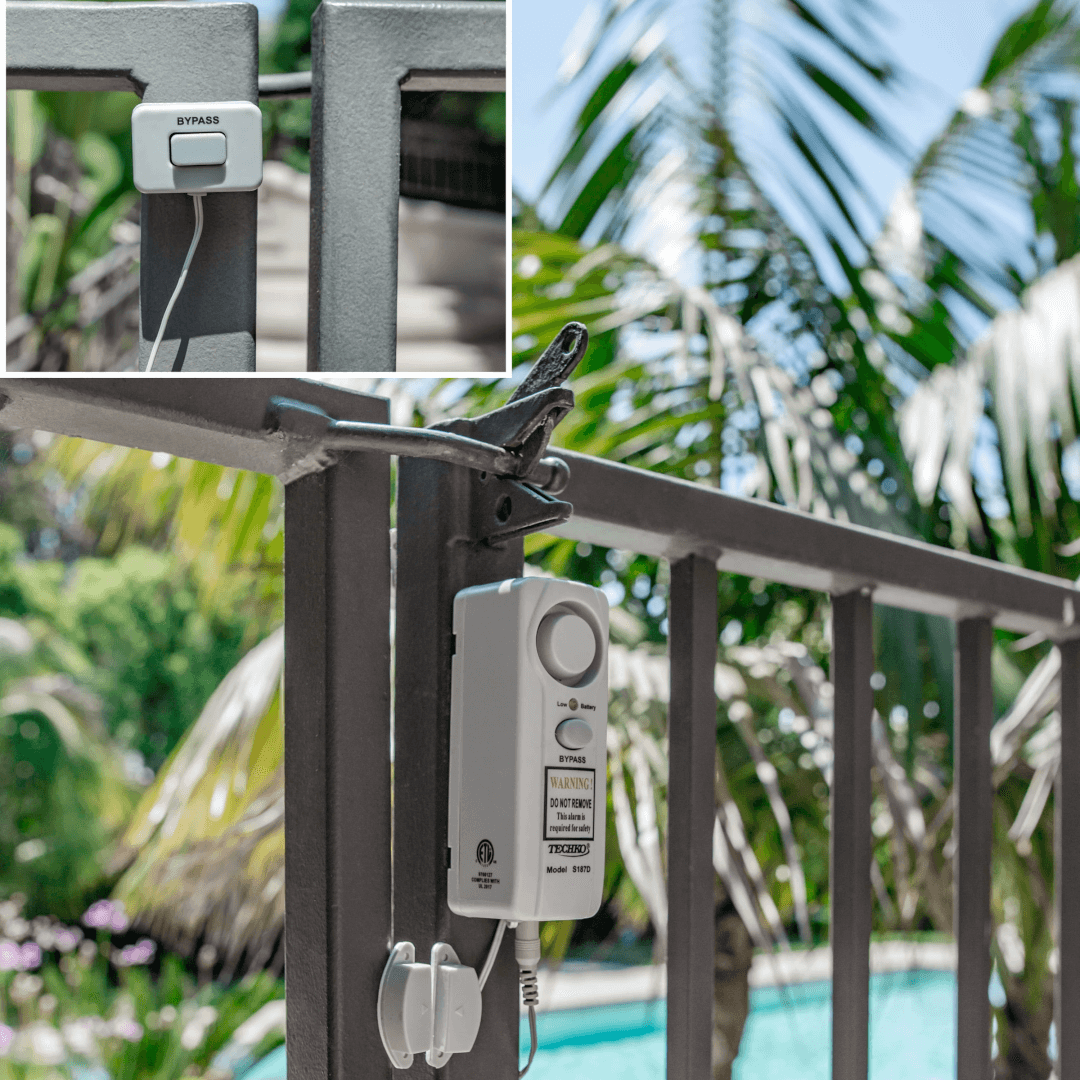 Techko Safe Pool Alarm | S187D Techko Safe Pool Alarm | S187D Alarm with bypass button installed on gate