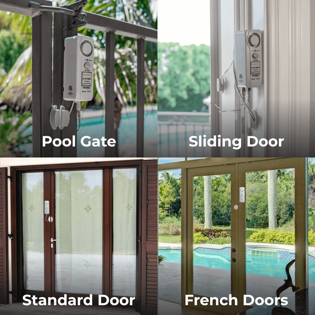 Techko Safe Pool Alarm | S187D S187D Alarm installed on pool gate, sliding door, standard door, and French doors