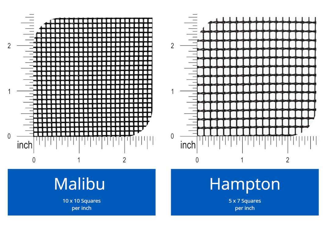 Mesh Weave Sizes Visual to show the differences in the weave sizing between Malibu & Hampton Mesh