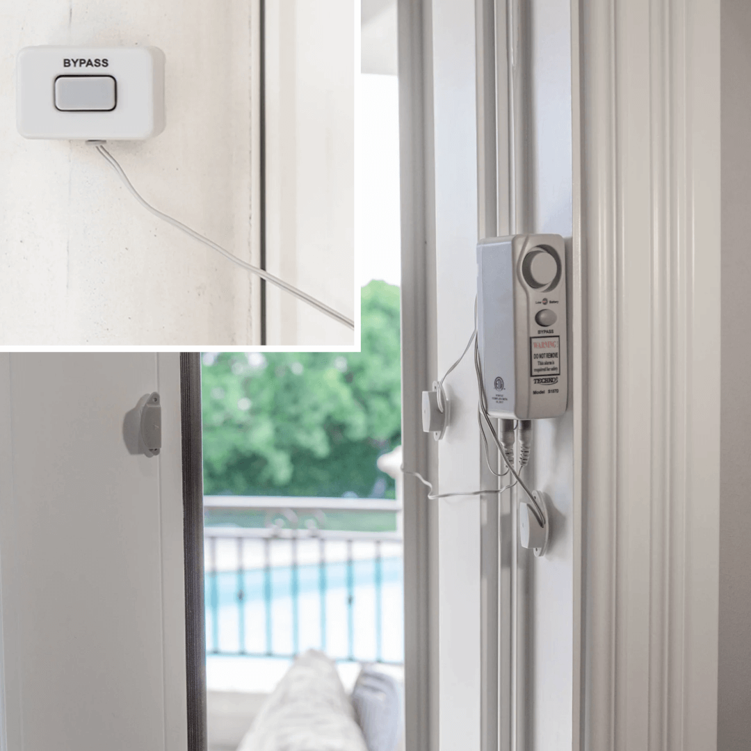 Techko Safe Pool Alarm | S187D Techko Safe Pool Alarm | S187D Alarm with bypass button installed on door