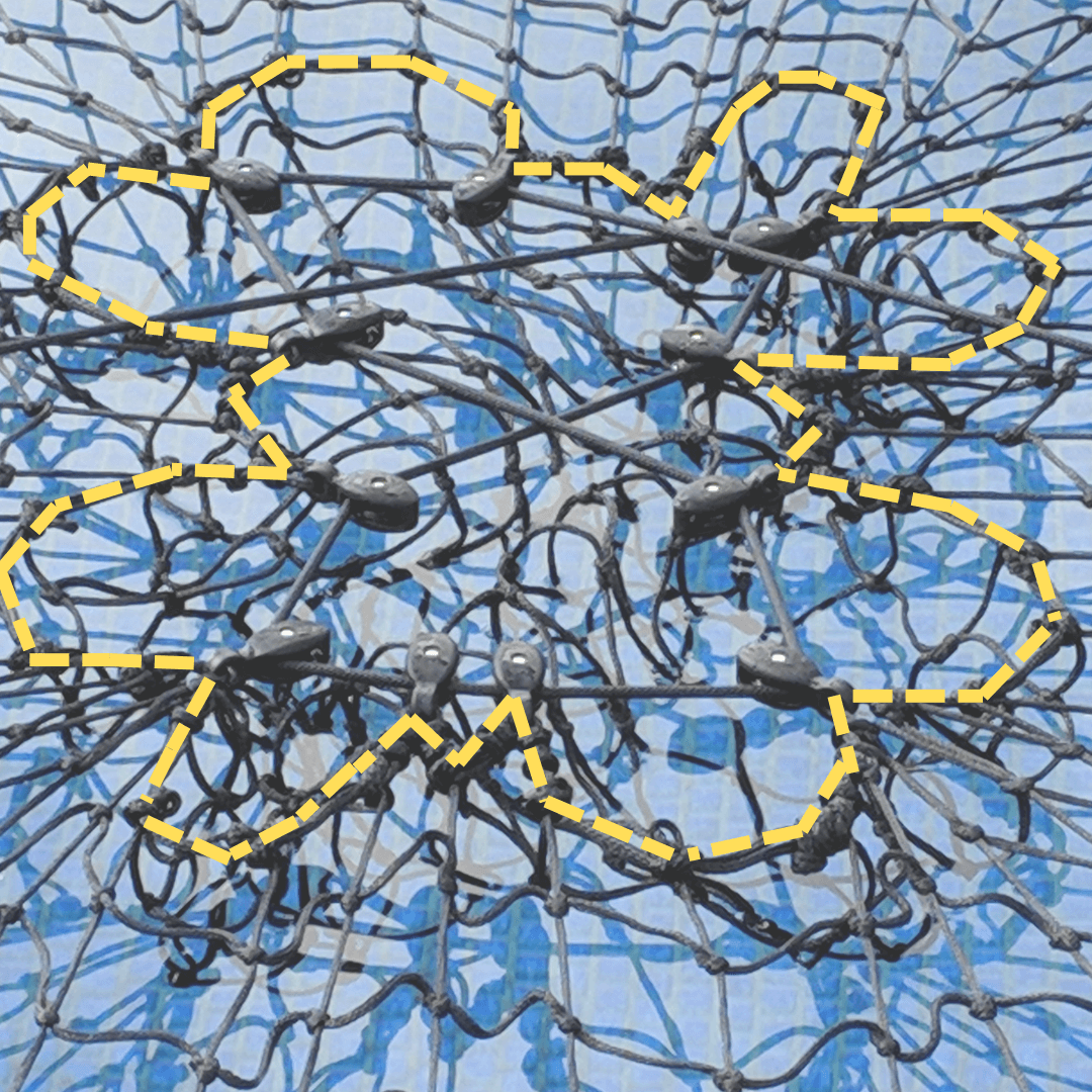 Pulley String Close Up in Yellow Pulley String (Shown in Yellow to Identify) Tied into Pulleys to create a Net Central Tensioning System